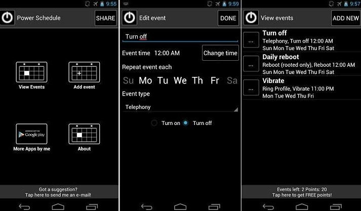 schedule power on and off in Android