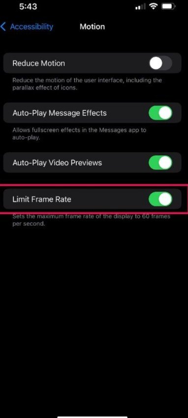 limit frame rate to deactivate ProMotion on iPhone 13